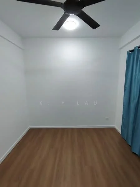 Room features: white painted walls, laminate flooring, ceiling fan, LED ceiling light, blue curtains.