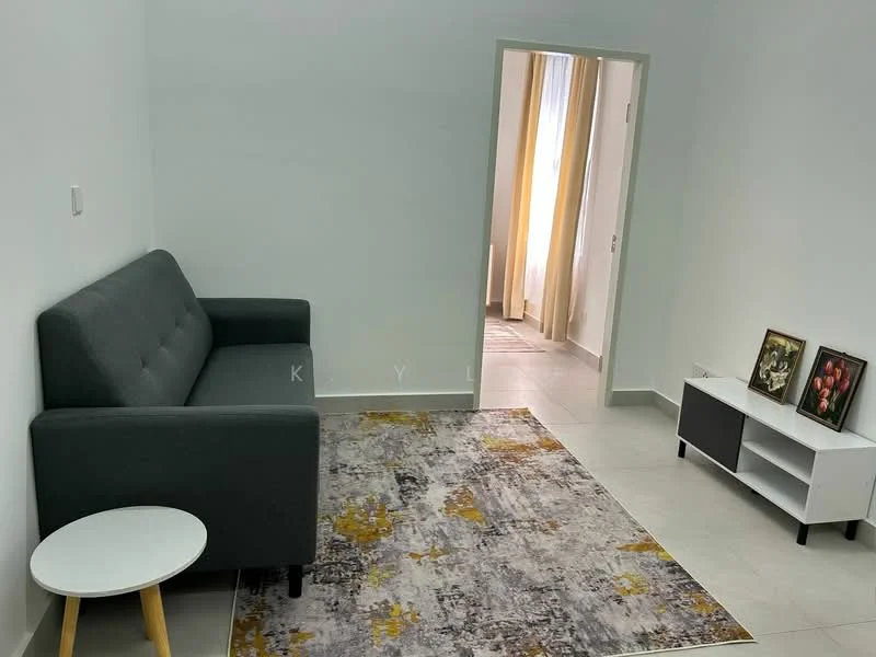 Living features: grey fabric sofa, white side table, area rug with abstract pattern, TV console in white and grey, framed artwork on wall, light-colored walls, tile flooring, natural light from window; style: modern.