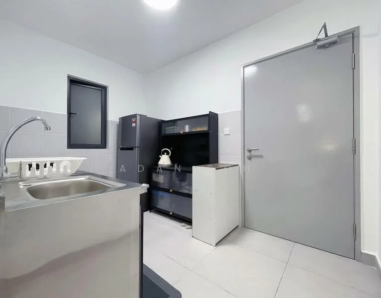 Kitchen features: stainless-steel sink, single-bowl sink, chrome faucet, grey cabinetry, black refrigerator, white dish rack, grey tiled backsplash, white walls, tile flooring, window, door, countertop; style: modern.