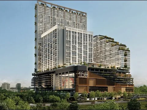 Exterior type: high-rise condominium; features: glass curtain wall, white painted facade, green terraces, projecting balconies, multiple storeys, commercial space at ground level, landscaped areas, mature trees, modern architectural design, feature lighting, open-air parking, surrounded by greenery; style: modern.