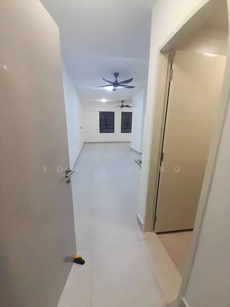 Room features: white painted walls, light grey tiled flooring, 2 ceiling fans, 2 windows, doorway leading to another room, doorway leading to hallway, neutral color scheme; style: modern.