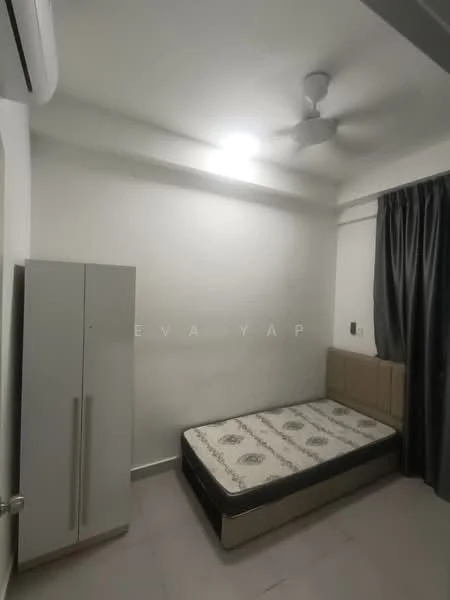 Bedroom features: queen-size bed, upholstered headboard, grey curtains, white painted walls, ceiling fan, recessed ceiling light, built-in wardrobe, tile flooring; style: modern.