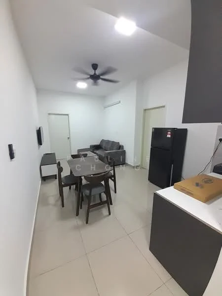 Living features: white painted walls, tile flooring, 5-blade ceiling fan with light, sofa in grey, dining table with 4 chairs, black refrigerator, wall-mounted TV, dining area, open layout, light fixtures; style: modern.