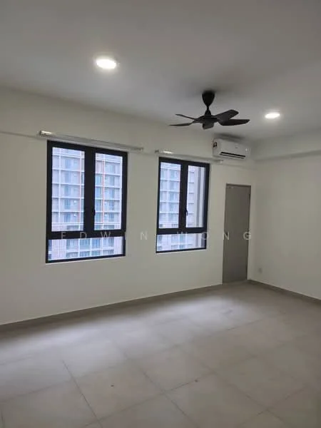 Room features: white painted walls, ceiling fan, 1 wall-mounted split AC, large windows, grey tiled flooring, door, recessed lighting; style: modern; view: city.