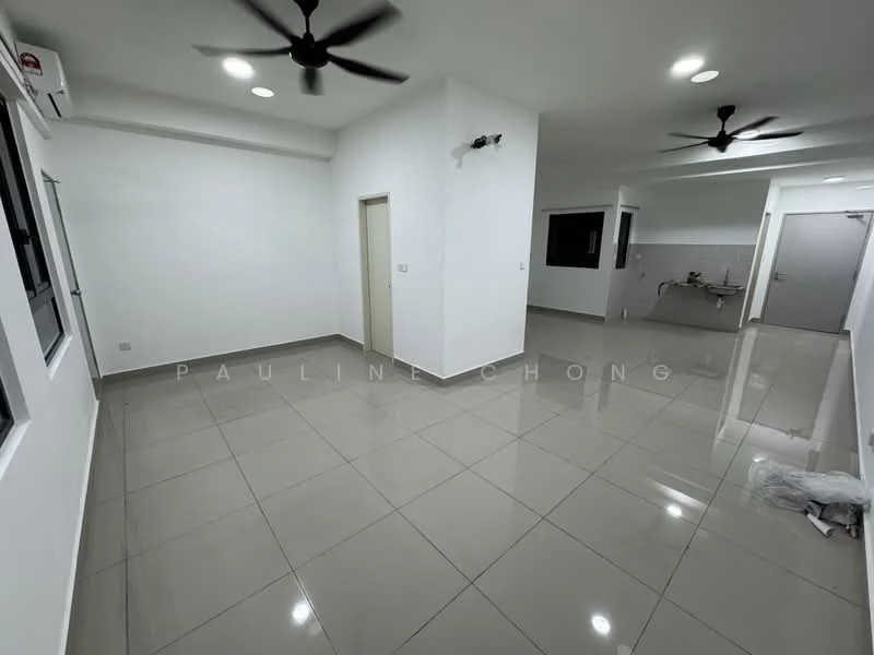 Room features: white painted walls, grey tiled flooring, 2 ceiling fans, recessed downlights, large windows, doorway to adjacent room, open layout, corner wall with window; style: modern.