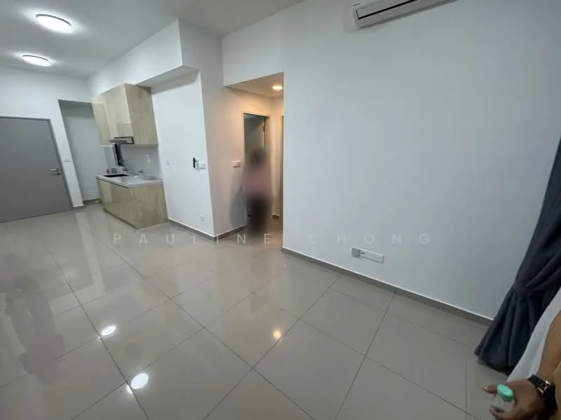 Room features: white painted walls, glossy ceramic tile flooring, recessed ceiling lights, wall-mounted split AC, open kitchen layout, kitchen cabinetry, doorway leading to hallway, curtain on window; style: modern.