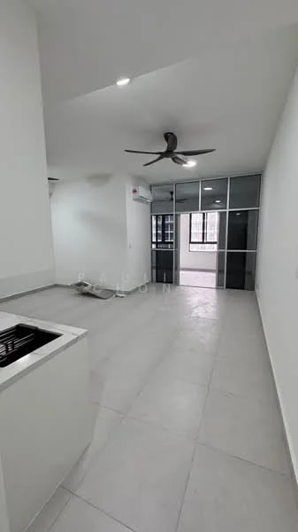 Room features: white painted walls, grey tiled flooring, recessed downlights, ceiling fan, wall-mounted split AC, glass sliding door, large windows, open layout; style: modern.