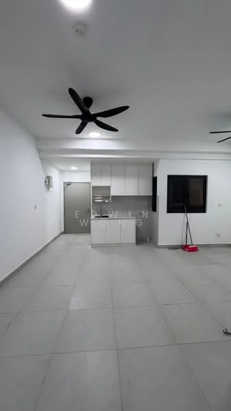 Living features: white painted walls, grey floor tiles, 5-blade ceiling fan with light, recessed downlights, open kitchen layout, kitchen cabinetry in white, built-in kitchen appliances, large window, air conditioning unit; style: modern.