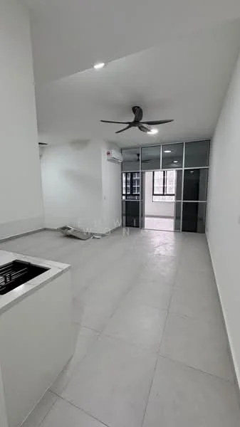 Room features: white painted walls, grey tiled flooring, 5-blade ceiling fan, recessed downlights, large glass sliding door, window with view to outside, open layout, kitchen island with sink; style: modern.