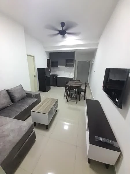 Living features: 3-seater fabric sofa in grey, coffee table with wooden top, TV console in white and black, wall-mounted TV, ceiling fan, dining table with 4 chairs, refrigerator, kitchen cabinetry, white painted walls, glossy tile flooring; style: modern.