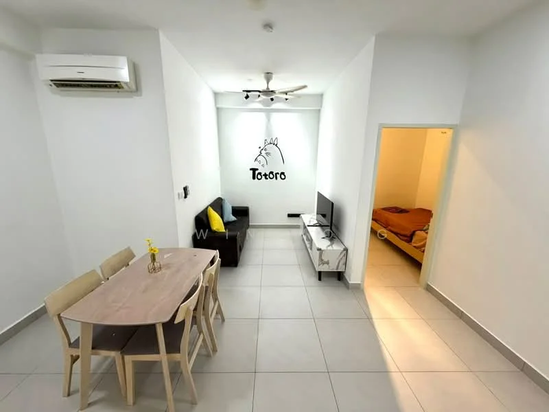 Living features: white painted walls, grey tiled flooring, 5-blade ceiling fan with light, wall-mounted TV, TV console, sofa in black, dining table with 4 chairs, decorative wall art, air conditioning unit; style: modern. Bedroom features: unknown bed size, unknown bedding, white walls, grey tiled flooring.