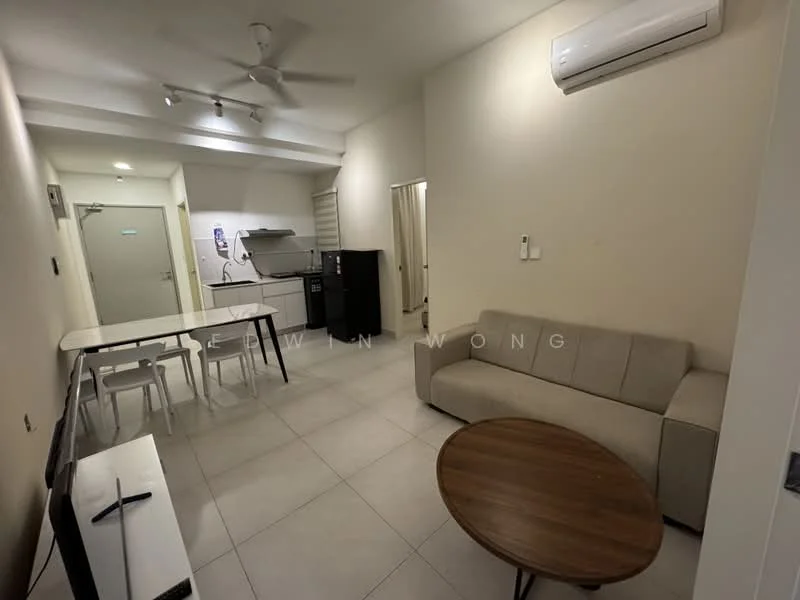 Living features: 3-seater fabric sofa in light grey, round wooden coffee table, dining table with 4 white chairs, wall-mounted TV console, air conditioning unit on ceiling, ceiling fan, white painted walls, tile flooring, recessed lighting; style: modern. Kitchen features: stainless-steel fridge, built-in kitchen cabinets, countertop with sink, stove with hood, microwave, tile backsplash; style: modern.