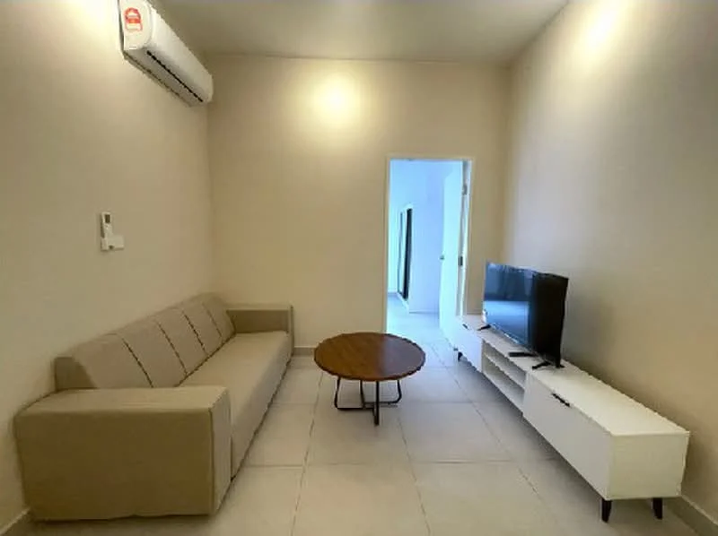 Living features: beige fabric sofa, round wooden coffee table, wall-mounted TV, TV console in white, 1 wall-mounted split AC, light beige painted walls, tile flooring, doorway leading to another room; style: modern.