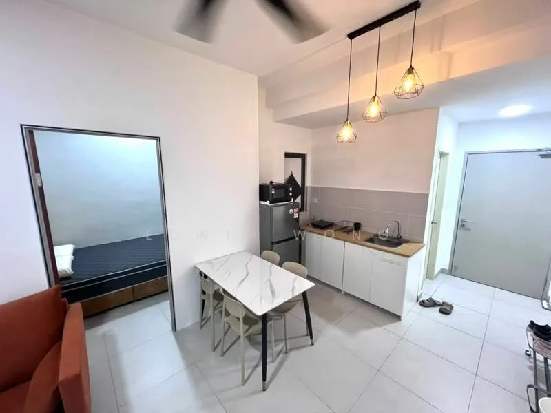 Living features: white painted walls, tile flooring, 5-blade ceiling fan, hanging pendant lights, marble dining table, 4 dining chairs, sofa in orange fabric, refrigerator, kitchen cabinetry, sink, countertop, kitchen appliances; style: modern. Bedroom features: black bed frame, mattress, white walls, tile flooring.