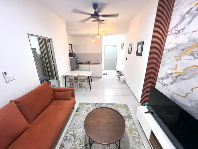 Living features: 3-seater fabric sofa in orange, round wooden coffee table, area rug with geometric pattern, wall-mounted TV, ceiling fan with light, white painted walls, marble accent wall with gold veining, dining table for 4, grey dining chairs, open kitchen area, tile flooring; style: modern. Kitchen features: white cabinetry, stainless-steel appliances, kitchen countertop, open layout to living area; style: modern.