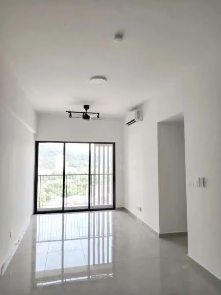 Living features: white painted walls, polished ceramic tile flooring, 5-blade ceiling fan with light, floor-to-ceiling sliding glass door, wall-mounted split AC, balcony view, recessed lighting, neutral color scheme; style: modern; view: garden.