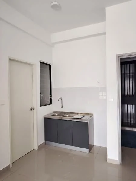 Kitchen features: grey cabinetry, stainless-steel countertop, double-bowl stainless-steel sink, chrome pull-down faucet, white tiled backsplash, cream painted walls, tile flooring, window with metal grille, door to adjacent room; style: modern.