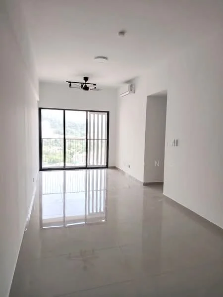 Living features: white painted walls, glossy ceramic tile flooring, 5-blade ceiling fan with light, floor-to-ceiling windows, sliding glass door, air conditioning unit, track lighting, balcony view; style: modern; view: city.