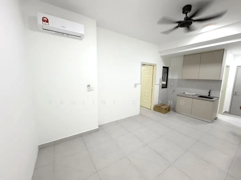 Room features: white painted walls, grey floor tiles, ceiling fan, wall-mounted split AC, light-colored cabinetry, countertop, sink, door to another room, window, box on the floor; style: modern.