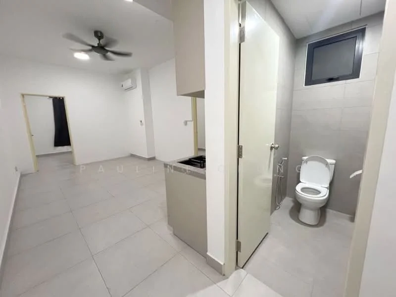 Room features: grey tiled flooring, white painted walls, ceiling fan, wall-mounted split AC, single-piece toilet, toilet paper holder, door to another room, window with black frame; style: modern.