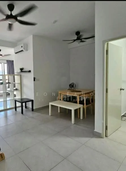 Living features: light grey tiled flooring, white painted walls, 5-blade ceiling fan with light, 2-seater dining table, 4 dining chairs, black bench, open shelving unit, air conditioning unit, window with sheer curtains; style: modern. Room features: light grey tiled flooring, white painted walls, door leading to another room.
