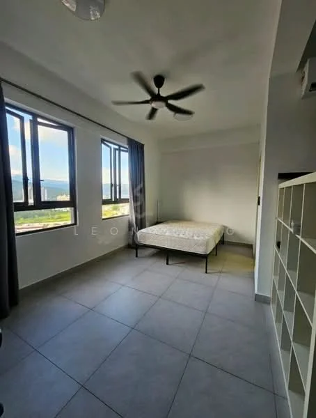 Bedroom features: floor-to-ceiling windows, grey curtains, ceiling fan, light-colored walls, tiled flooring, empty bed frame, built-in shelving unit, view of greenery; style: modern; view: garden.