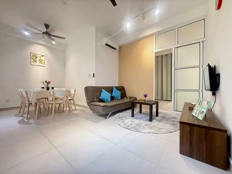 Living features: 3-seater fabric sofa in brown, coffee table, TV console, wall-mounted TV, area rug with circular pattern, 5-blade ceiling fan, recessed LED downlights, split air conditioning unit, light-colored walls, tile flooring; style: modern. Dining features: 6-seater dining table, wooden dining chairs, flower vase on table; style: modern.