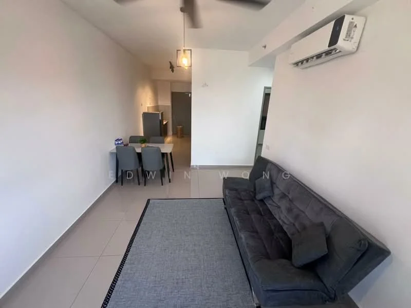 Living features: grey fabric sofa, area rug with geometric pattern, wall-mounted split AC, ceiling fan, pendant light, dining table with four chairs, tile flooring, white painted walls; style: modern.