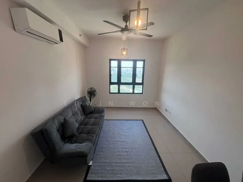 Living features: 3-seater fabric sofa in grey, area rug with solid pattern, ceiling fan with integrated light, wall-mounted split AC, floor-to-ceiling window, black window frame, light-colored walls, tile flooring; style: modern; view: city.