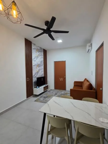 Living features: 3-seater fabric sofa in brown, coffee table with marble top, TV console, wall-mounted TV, area rug with geometric pattern, ceiling fan, recessed LED downlights, feature wall with marble cladding, white painted walls, grey tiled flooring, air conditioning unit; style: modern.