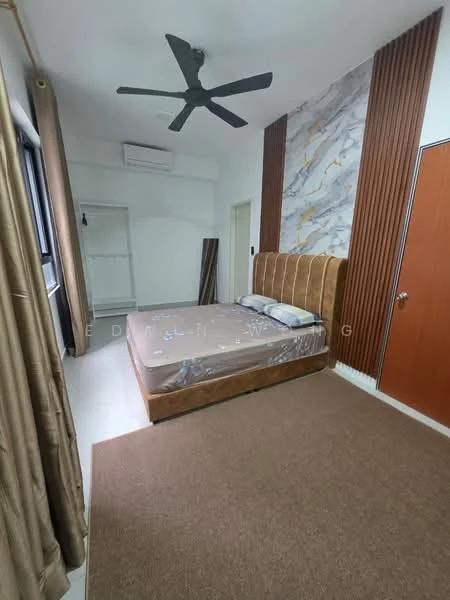 Bedroom features: king-size bed with upholstered headboard, 5-blade ceiling fan, cream painted walls, feature wall with marble pattern, wood paneling, carpet flooring, built-in wardrobe, window with sheer curtains; style: modern.