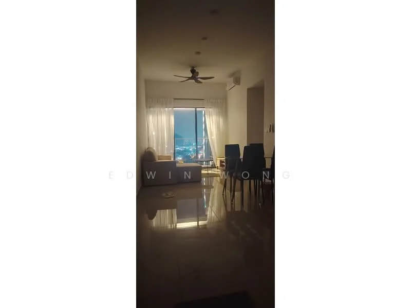 Living features: floor-to-ceiling windows, city view, 3-seater fabric sofa in light color, dining table with 4 blue chairs, ceiling fan, polished tile flooring, sheer curtains, decorative wall art, recessed lighting; style: modern; view: city.