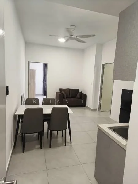 Living features: 3-seater fabric sofa in brown, dining table for 4 with white tabletop, 4 dining chairs in grey, ceiling fan, wall-mounted light switch, grey tiled flooring, white painted walls, open layout to kitchen, doorway leading to another room; style: modern. Kitchen features: stainless-steel sink, single-bowl sink, built-in kitchen cabinetry in light grey, black refrigerator, grey tiled flooring, white painted walls; style: modern.