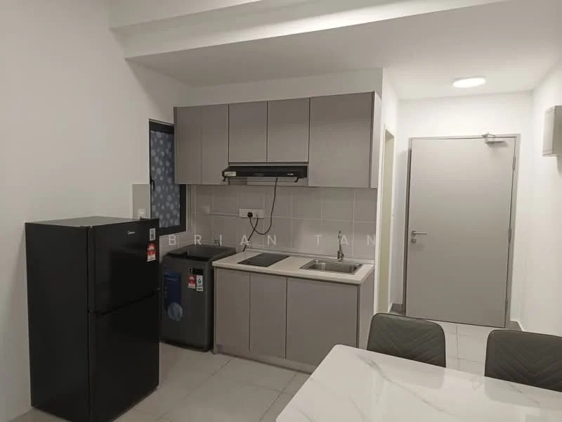 Kitchen features: grey cabinetry, stainless-steel sink, chrome pull-down faucet, black refrigerator, built-in stove with exhaust hood, white tiled backsplash, grey countertop, ceramic tile flooring, recessed downlights, window with sheer curtains, dining table with grey chairs; style: modern.