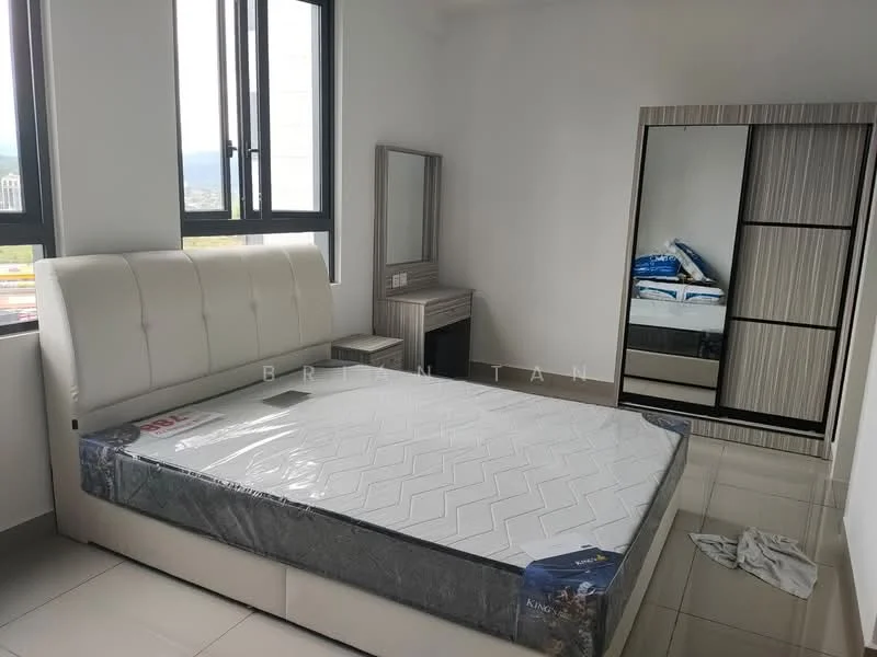 Bedroom features: queen-size bed with upholstered headboard, mattress with protective cover, floor-to-ceiling windows, light grey walls, white tiled flooring, built-in wardrobe with sliding doors, dressing table with mirror, decorative items on the dresser; style: modern; view: city.