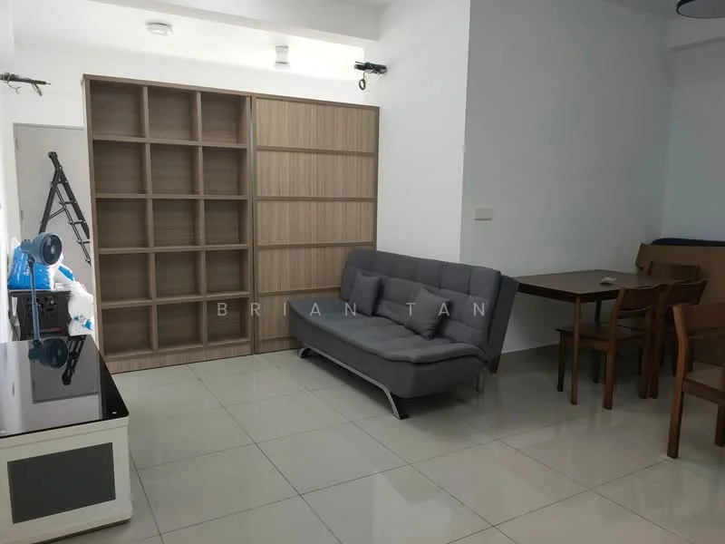 Living features: grey fabric sofa, wooden shelving unit with multiple compartments, dining table with four wooden chairs, white walls, glossy tile flooring, recessed ceiling lights, wall-mounted TV console, window with natural light; style: modern.