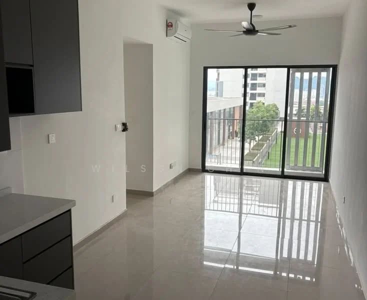 Living features: grey cabinetry, white walls, polished ceramic tile flooring, 5-blade ceiling fan, floor-to-ceiling windows, sliding glass door, balcony access, air conditioning unit; style: modern; view: garden.