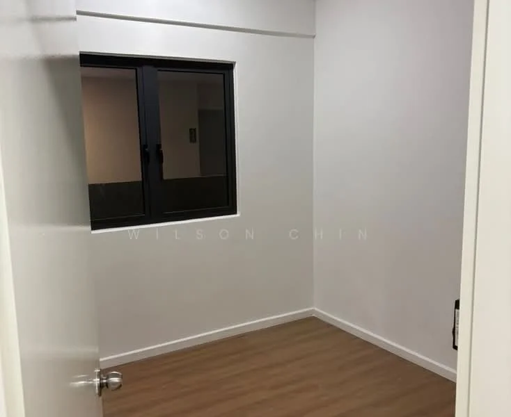 Room features: white painted walls, laminate flooring, single window with black frame, door with handle, light switch, neutral color scheme; style: modern.