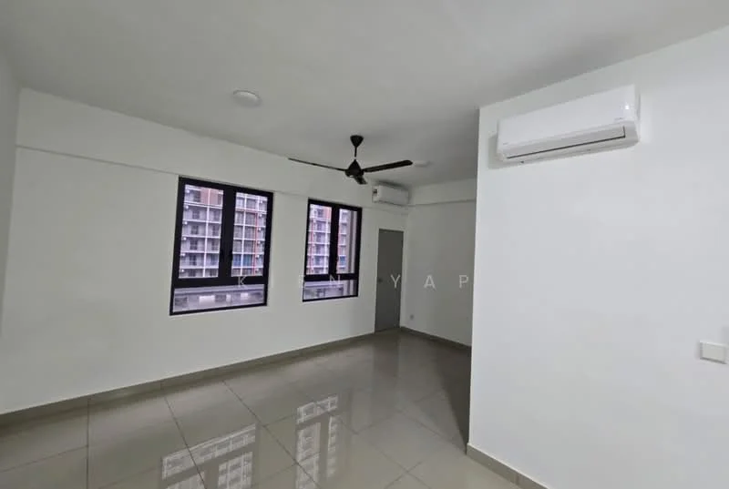 Room features: white painted walls, polished ceramic tile flooring, 5-blade ceiling fan, 1 wall-mounted split AC, floor-to-ceiling windows, natural light from windows; style: modern; view: city.