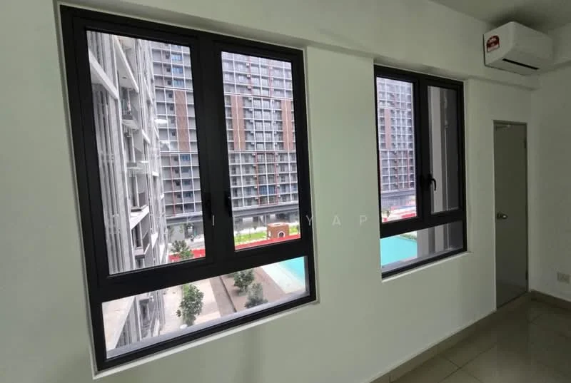 Room features: floor-to-ceiling windows, grey window frames, white painted walls, tile flooring, air conditioning unit, view of swimming pool, view of surrounding buildings; view: pool.