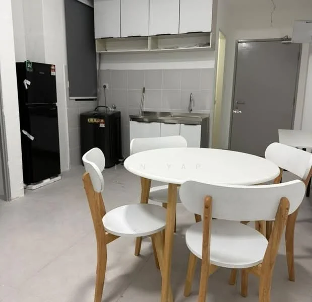 Kitchen features: white cabinetry with upper storage, stainless-steel sink, chrome faucet, black refrigerator, white round dining table, 4 wooden dining chairs, grey tiled backsplash, white walls, light grey flooring, window with roller blinds; style: modern.