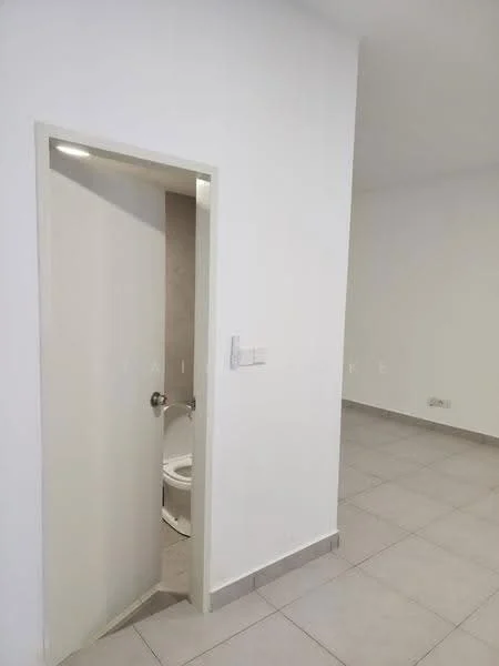 Room features: white painted walls, light grey tiled flooring, door leading to bathroom, neutral decor, no visible furniture, minimalist design, bright lighting, open space layout; style: minimalist.