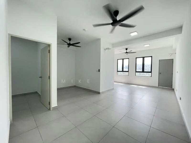Living features: light grey tiled flooring, white painted walls, 2 ceiling fans, 3 large windows, recessed LED downlights, open layout, neutral color scheme; style: modern; view: city. Room features: light grey tiled flooring, white painted walls, 1 door leading to another room.