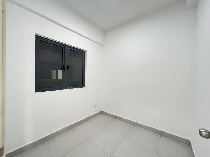 Room features: white painted walls, grey tiled flooring, black framed windows, single window, no visible furniture, minimalist design, neutral color scheme, bright lighting; style: minimalist.