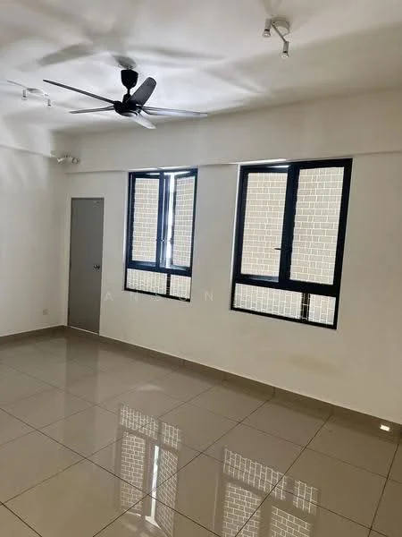 Room features: white painted walls, glossy ceramic tile flooring, 5-blade ceiling fan, floor-to-ceiling windows, black window frames, single door, natural light from windows; style: modern.