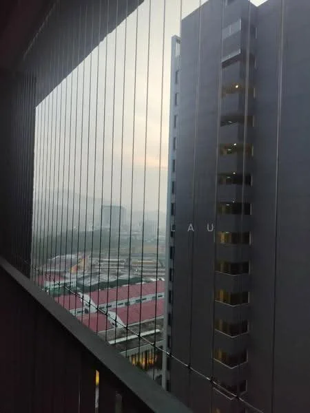 Room features: balcony with railing, city view, glass sliding door, grey exterior wall, high-rise building in view, overcast sky; view: city.