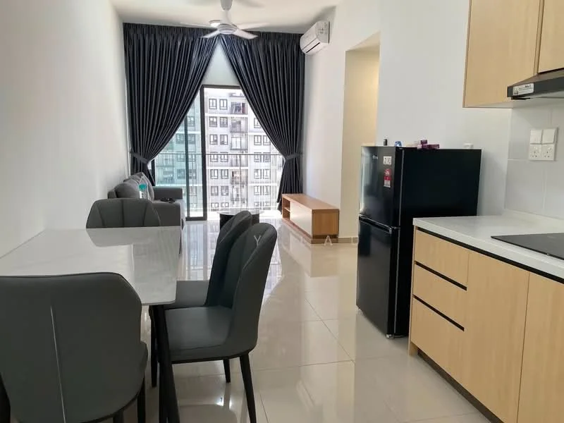 Living features: floor-to-ceiling windows, grey curtains, 3-blade ceiling fan, white walls, glossy tile flooring, dining table with 4 grey chairs, black fridge, wooden console table, open layout, kitchen cabinetry with wood finish, stainless-steel sink, built-in stove; style: modern; view: city.