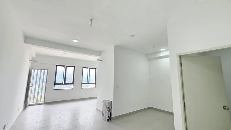 Room features: white painted walls, grey tiled flooring, recessed downlights, floor-to-ceiling windows, sliding glass door, open layout, corner room, mountain view, air conditioning unit, doorway to adjacent room; style: modern; view: mountain.