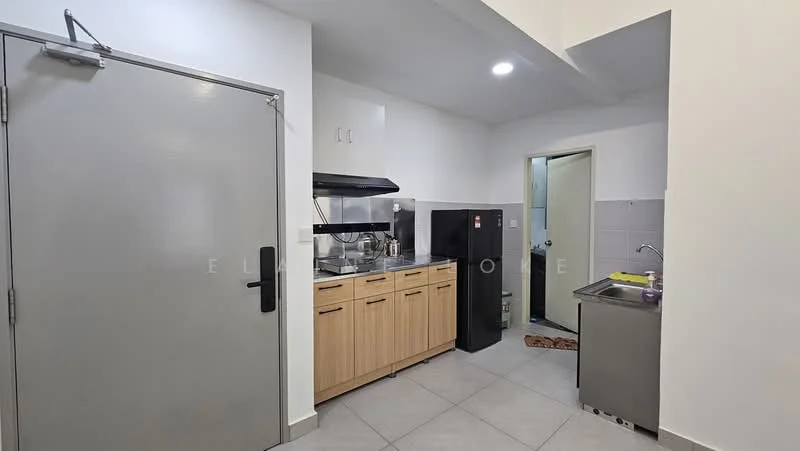 Kitchen features: light wood cabinetry, stainless-steel sink, chrome pull-down faucet, black refrigerator, built-in stove with hood, grey tiled backsplash, ceramic tile flooring, recessed downlights, door leading to hallway, wall-mounted kitchen shelf; style: modern.