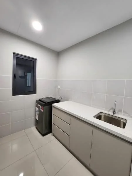 Laundry features: white tiled walls, grey cabinetry, white countertop, single-bowl stainless-steel sink, chrome pull-down faucet, front-load washing machine, grey floor tiles, window with black frame, recessed LED downlights; style: modern.